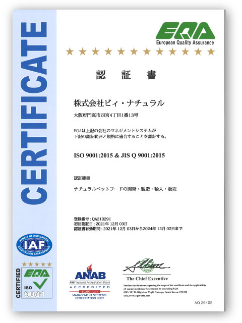 ISO9001認証書 認証番号QA210291